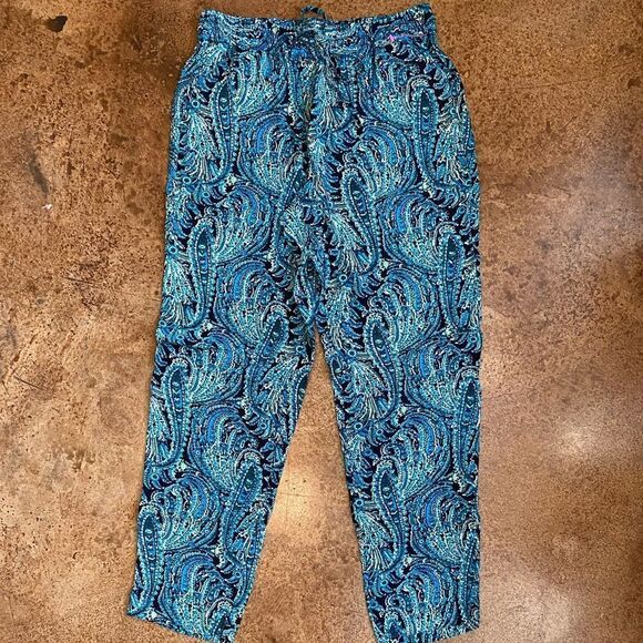 TALBOTS petite teal paisley drawstring cropped wide‎ leg pants - Picture 1 of 7